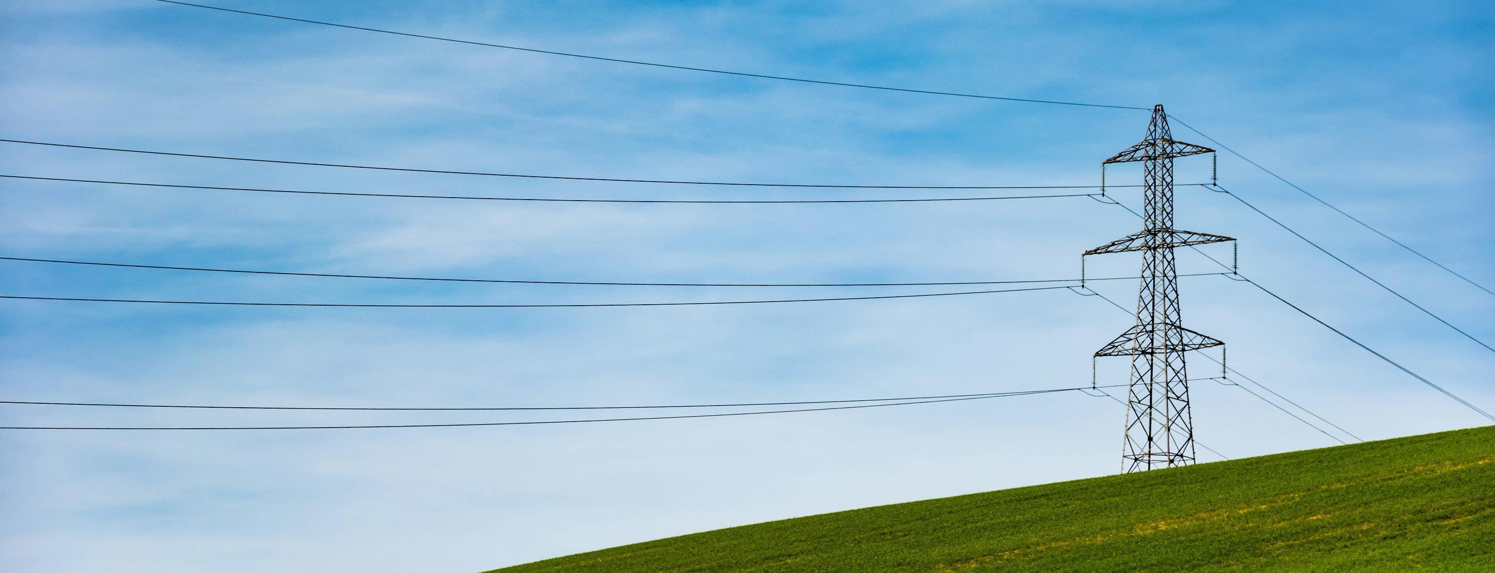 A electricity pylon on a grassy hill