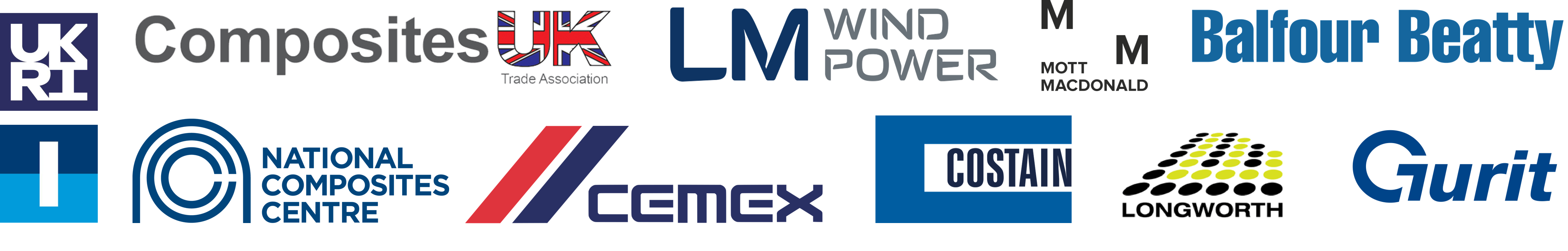 Above figure shows our industrial collaborators including Composites UK, LM Wind Power, Mott Macdonald, Balfour Beatty, National Composites Centre, Cemex, Costain, Longworth, Gurit