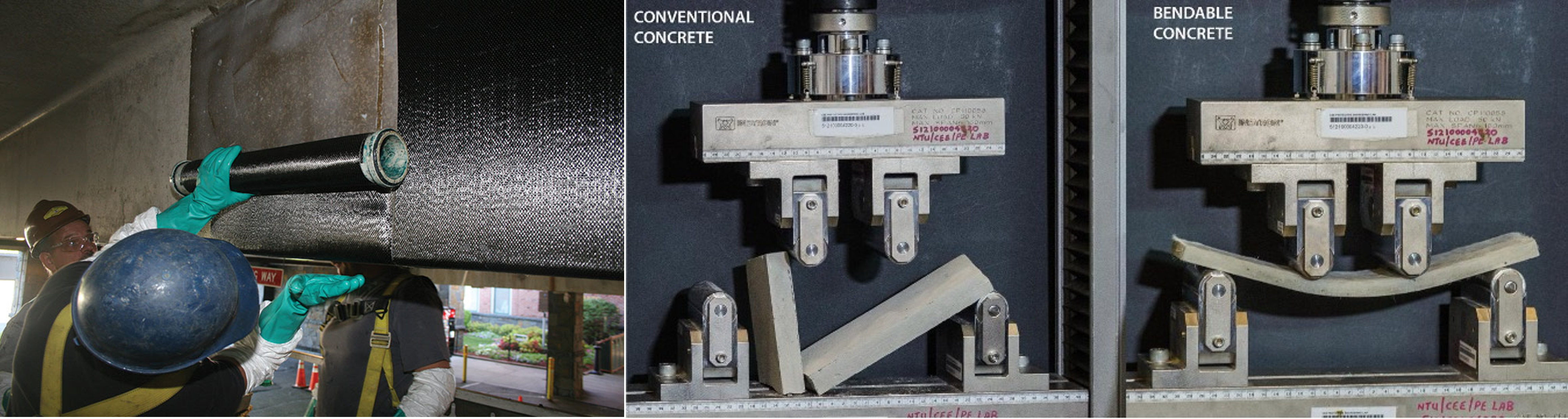 Above figure is a demonstration showing strengthening of concrete bridge with carbon fibre fabrics which are bonded to the soffit of the beam. Other innovative and high performance materials are also developed for strengthening purpose, like the bendable concrete shown in the figure. Bendable concrete is ductile and can be bent like metal under flexural loading.  