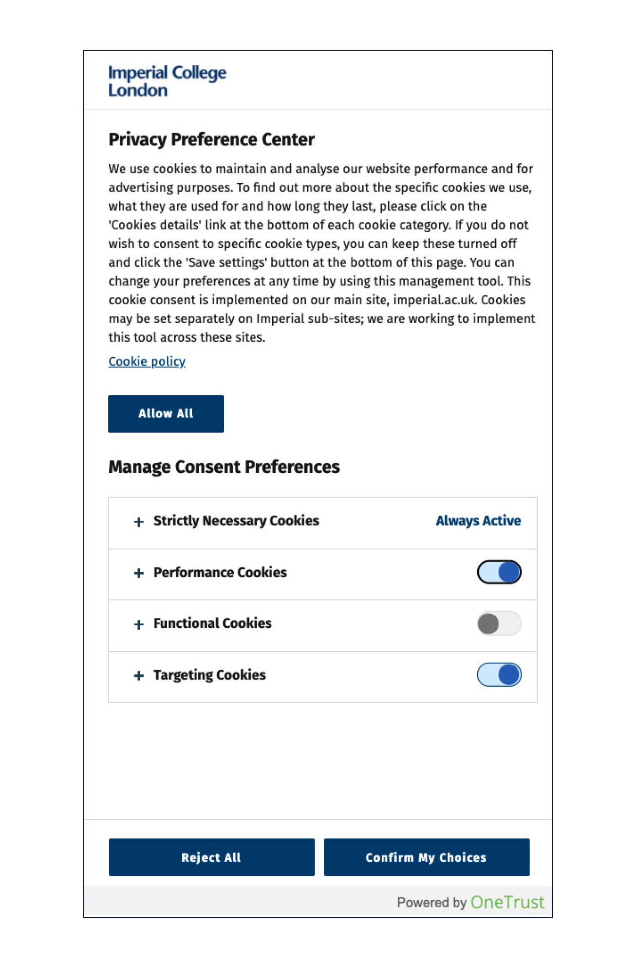 Cookie settings window showing toggled options