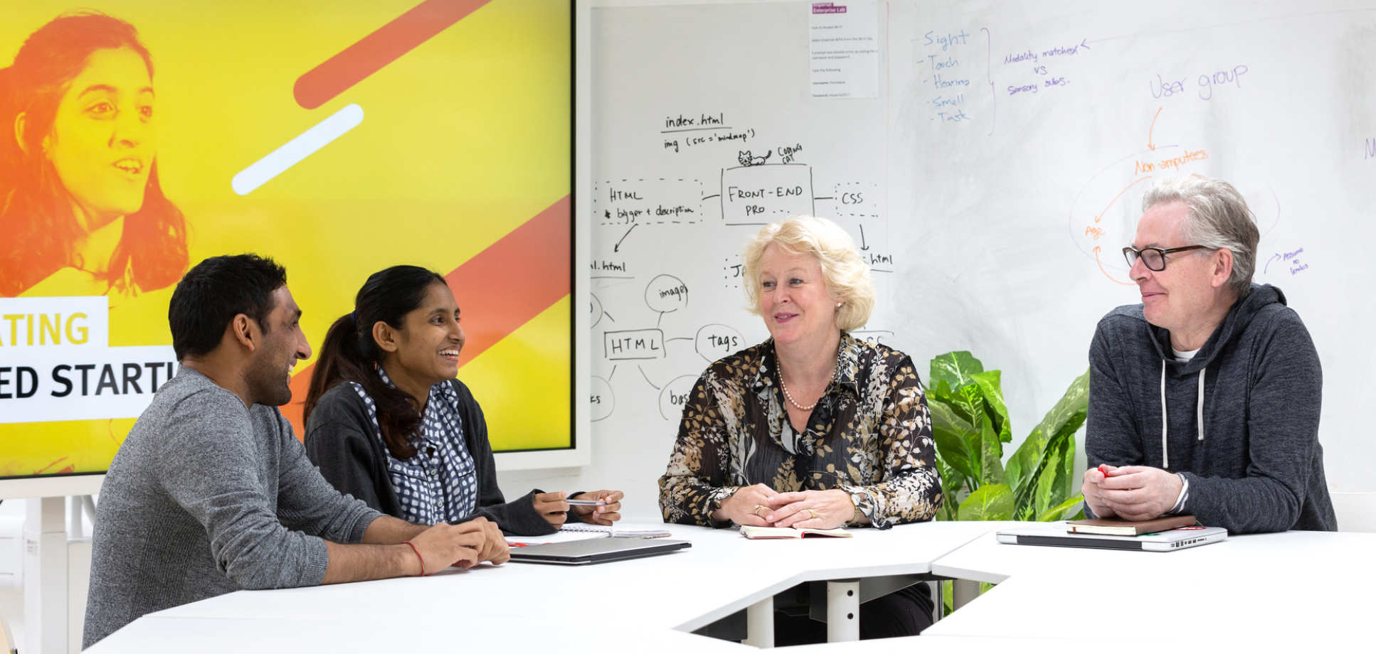 From left: Mohit Devgan and Pashiini Supramanian from student startup QuickCount meet IVMS mentors Dominiqe Klein and Paul Dowling.