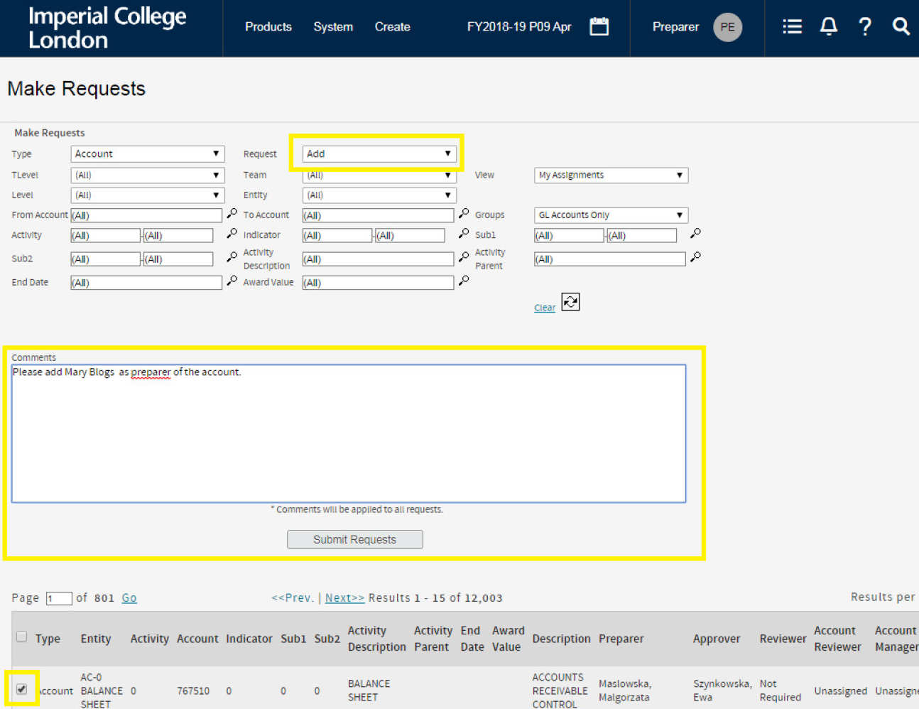 Blackline request option add account