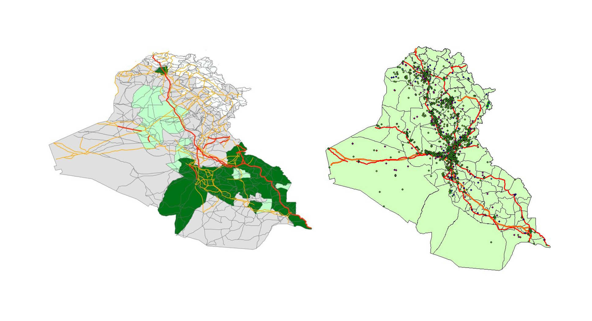 Above, left: 2003 Iraqi road network overlaid on districts. Roads are coloured by road types (main, intermediary  and other roads) and districts by their ethnosectarian split. Above, right: 2012 Iraqi road network overlaid with geolocated violent events occurring the same year. 