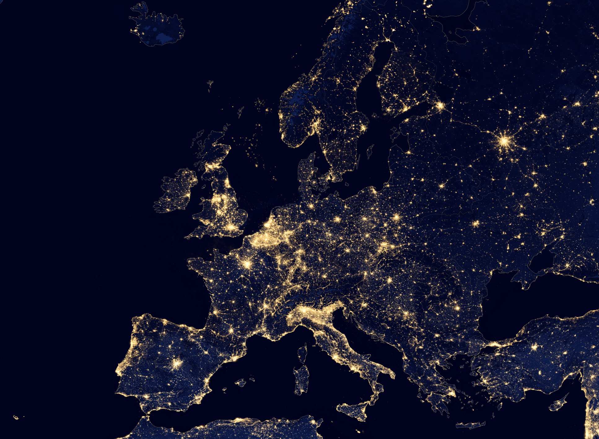 Satellite image of Europe at night