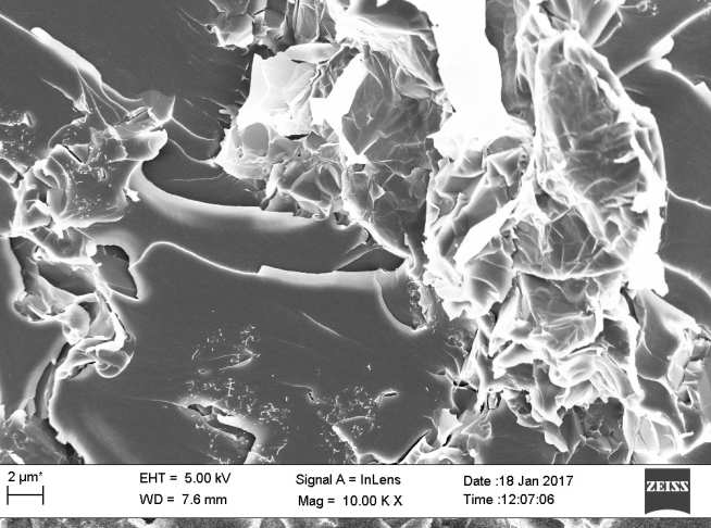 FEG-SEM image of the fractured surface of 1.00 wt% GNP-CNT (9:1 mass ratio)/epoxy composite, illustrating agglomerated sheets. Pulled out CNTs can be seen as bright spots.