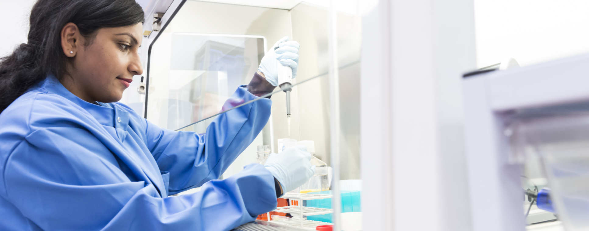 Female researcher pipettes under hood