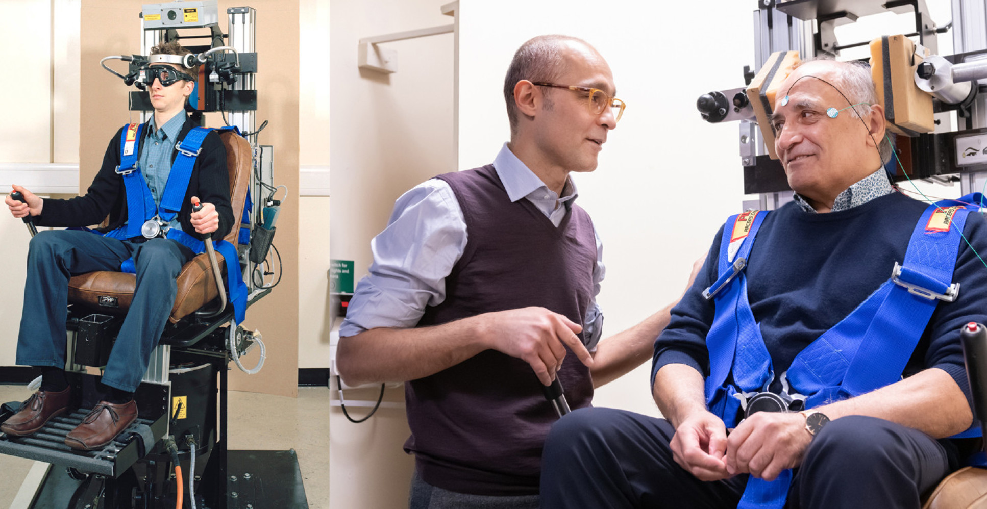 A man demonstrating a piece of equipment and a doctor speaking to a patient