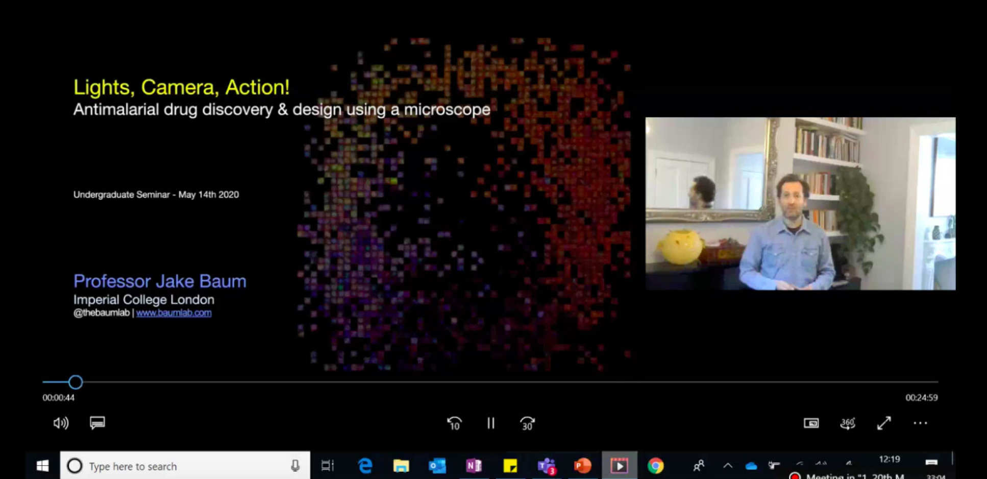 A screenshot of the first online seminar, with Prof Jake Baum’s lecture about to begin.