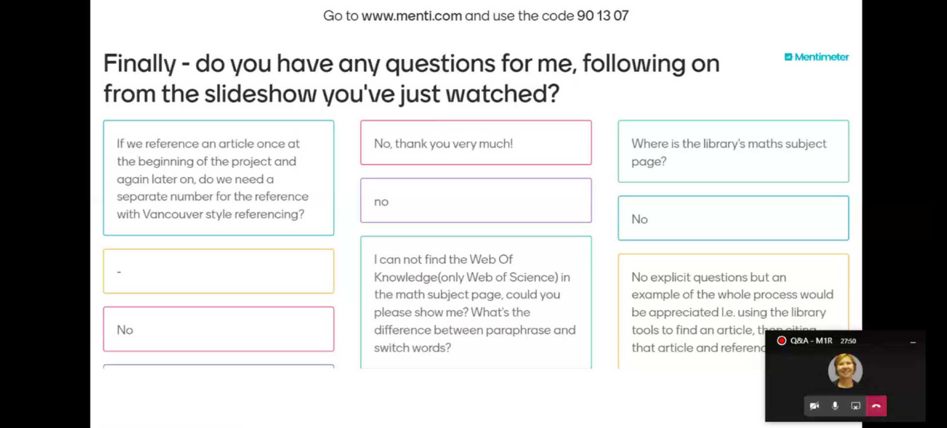 Screenshot of a Live Q&A session with Ann Brew on research skills and referencing