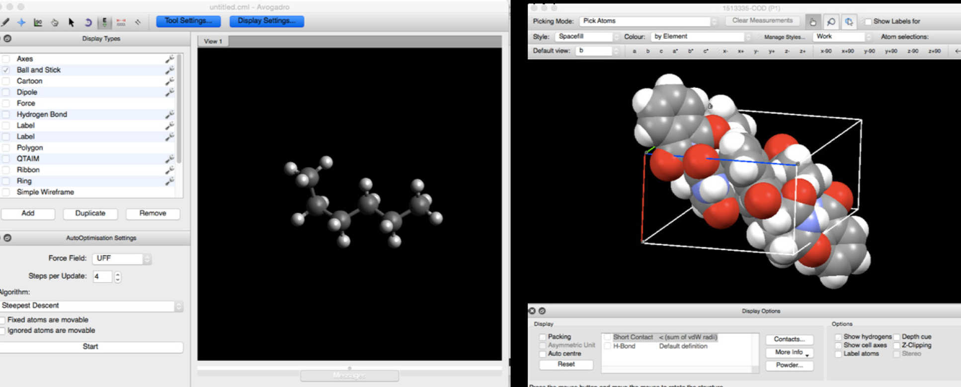 Images of molecules and crystal structures in the software used in the molecular modelling lab