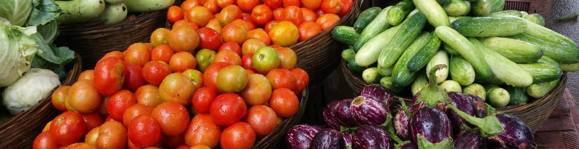 Photo of baskets full of vibrant vegetables, including aubergines, tomatoes, okra, cabbages and cucumbers in a market stall