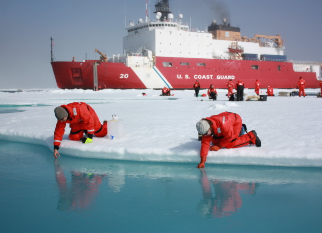 Scientists scoop  water from melt ponds on sea ice in the Chukchi Sea as part of the ICESCAPE mission c - NASA - Kathryn Hansen