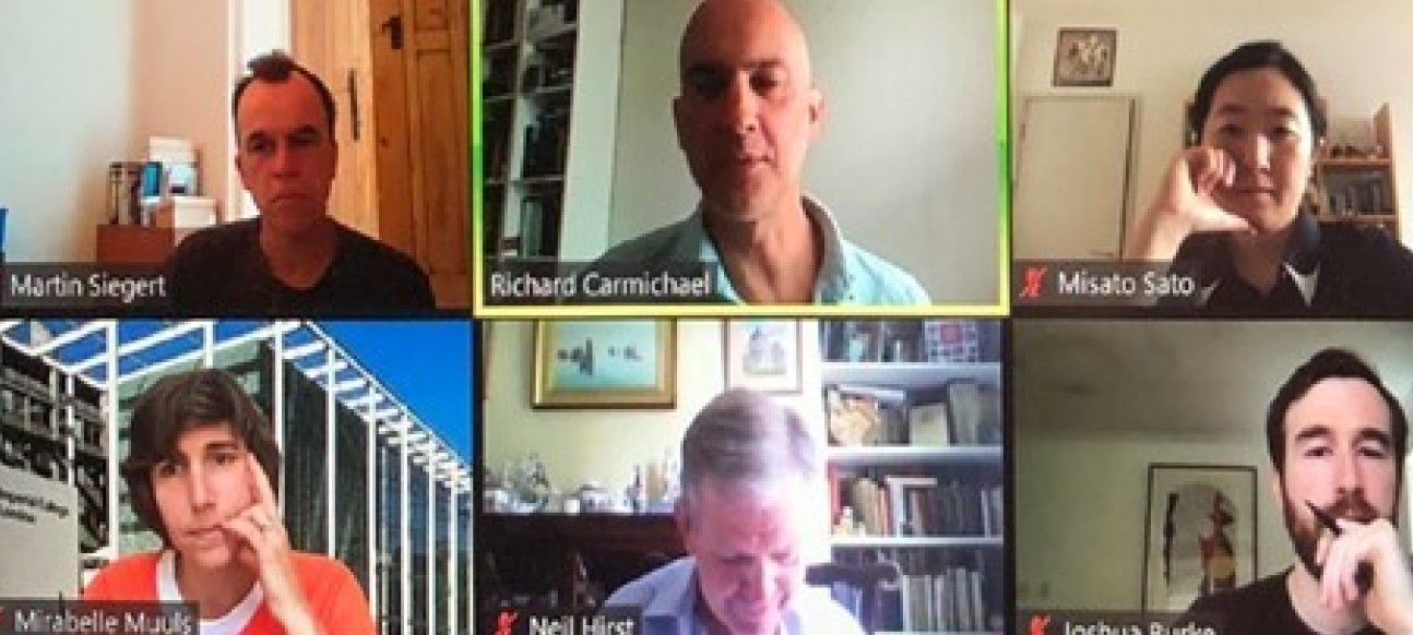 Zoom conference with screens showing Mirabelle Muuls, Richard Carmichael, Josh Burke, Martin Siegert, Misato Sato and Neil Hirst