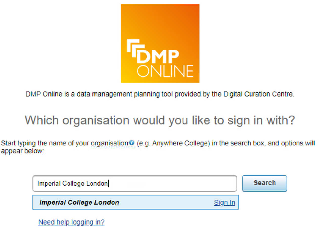 DMPOnline organisation look up