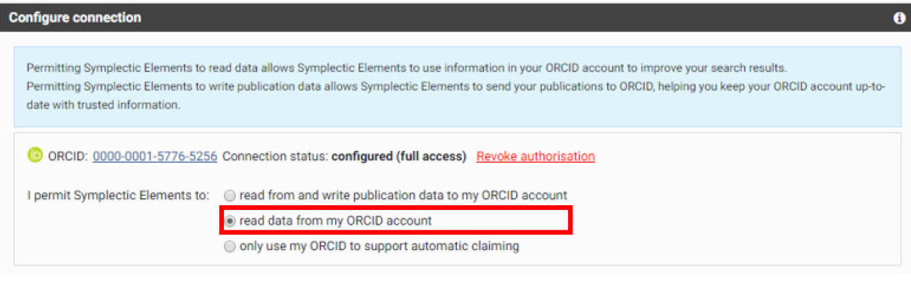 Symplectic configure connection box with read data from my ORCID account option highlighted