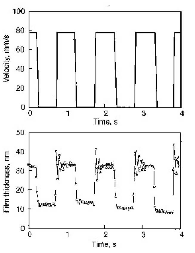 Lubricant film thickness during stop/start motion.