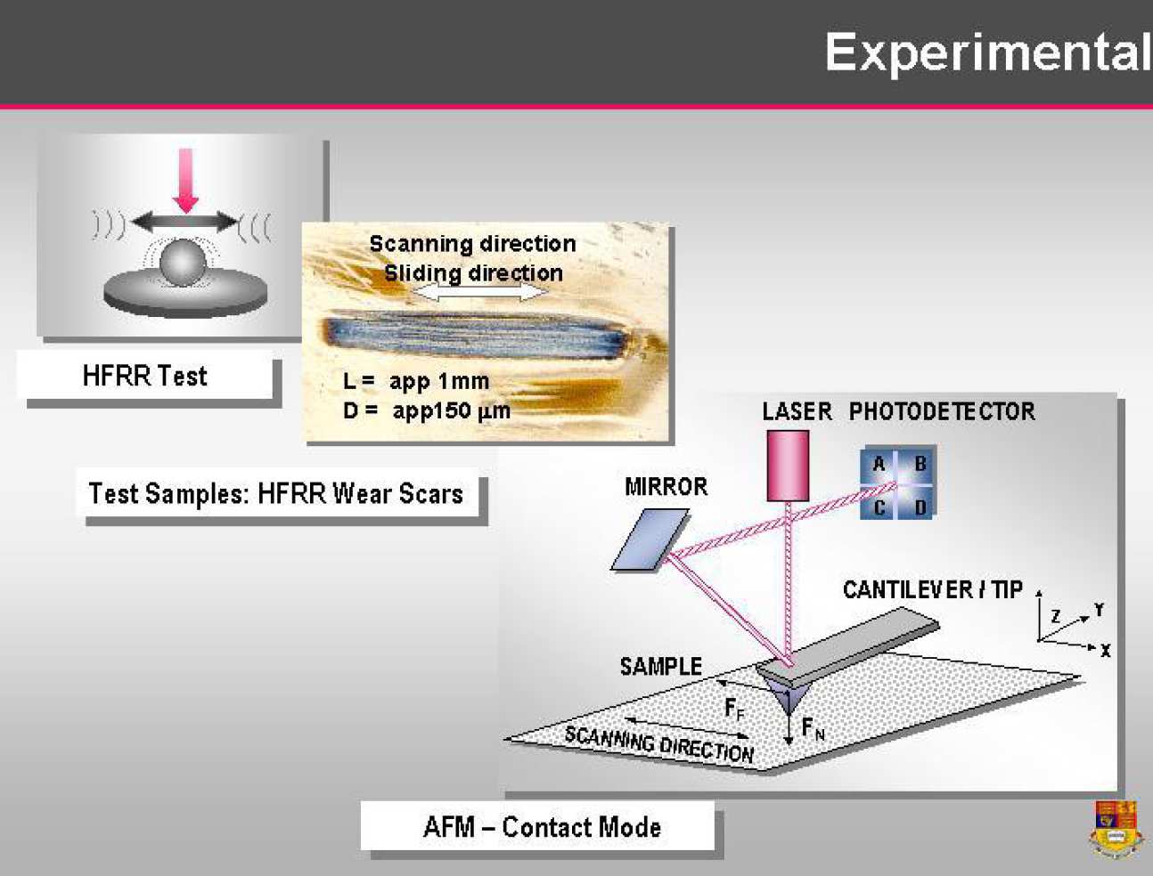 Wear scars are examined to image the topography and detect possible variations of surface composition due to the formation of a boundary film by lubricant mineral oil solutions, containing MoDTC and ZDDP and a combination of the two