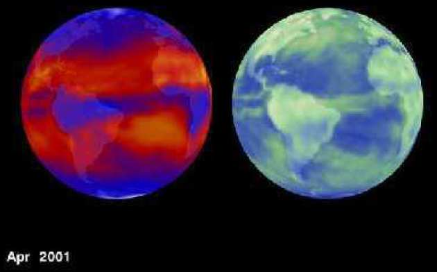 I nfrared emission (left) and solar reflection, largely modulated by clouds.