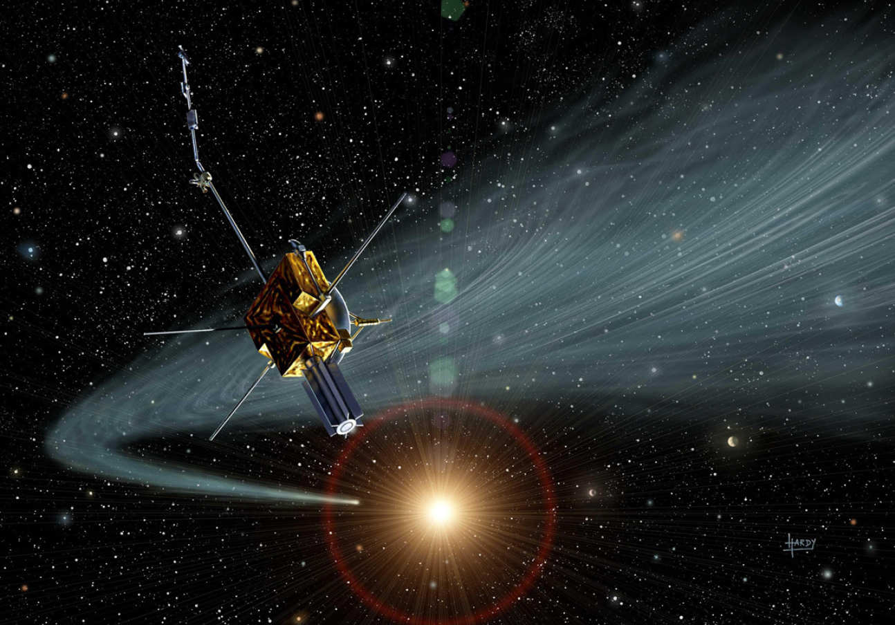 Artist's imperssion of the discovery by Ulysses of comet Hayakutake's tail (Image by D. Hardy, ESA)