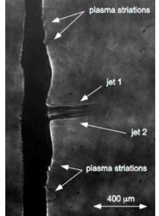 Figure: Jets due to magnetic reconnection (between 2 laser heated spots)