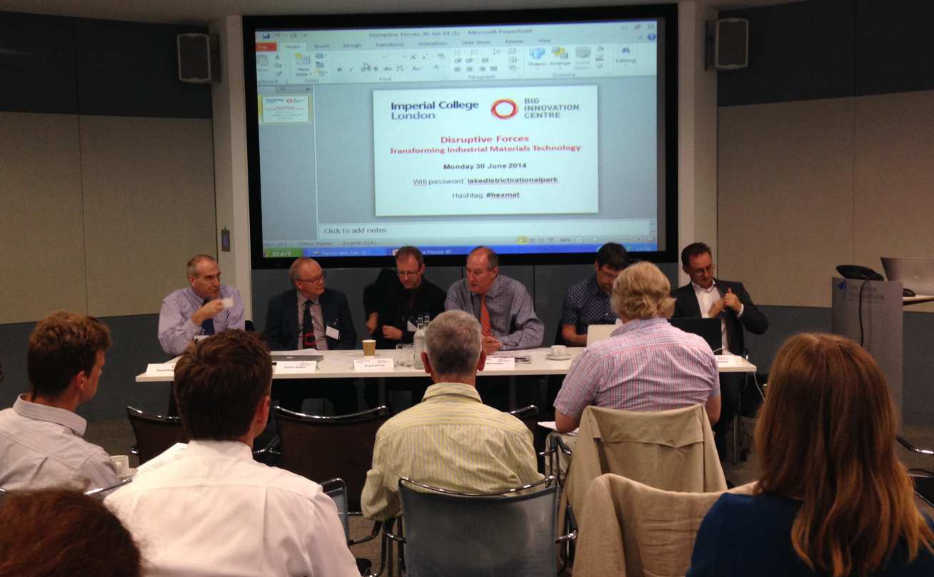 (Left to right) Professors David Rugg (Rolls-Royce), Adrian Sutton (Imperial College), Fionn Dunne (Imperial College), Will Hutton (BIC), Michael Preuss (Manchester) and Angus Wilkinson (Oxford) on the speakers' panel at the BIC.