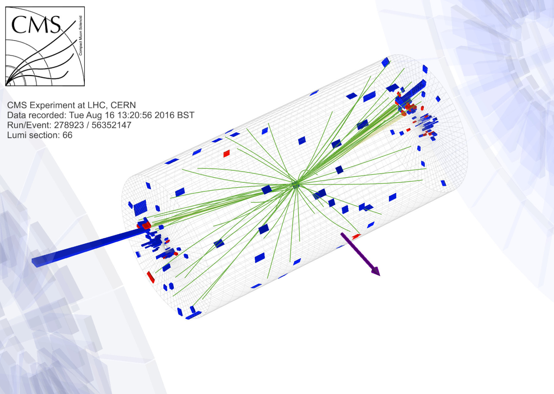 Event display of a Higgs boson candidate decaying invisibly