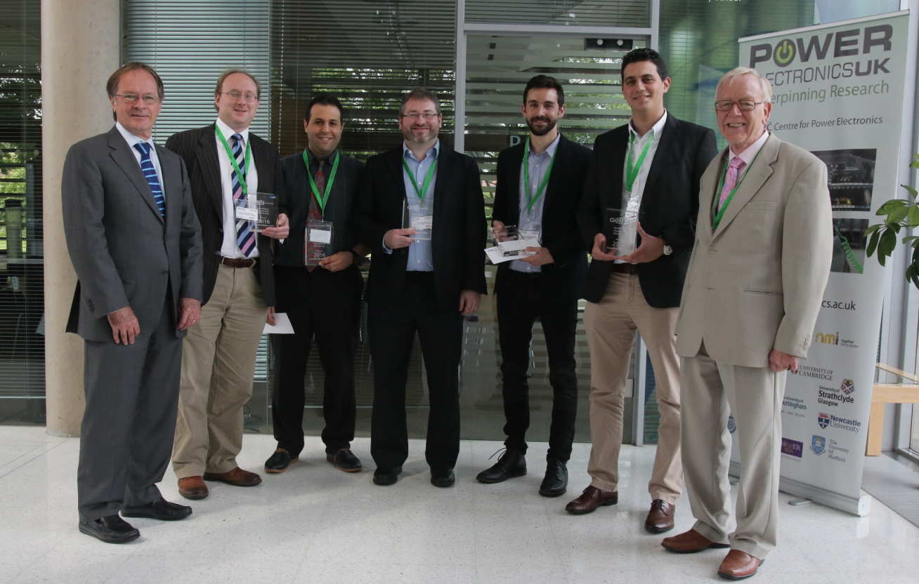 Girvan Patterson, Paul Mitcheson, Samer Aldhaher, David Yates, Juan Arteaga Saenz, George Khelis and Geoff Haynes at the GaN Systems Geoff Haynes Future Power Challenge 2016 award ceremony.