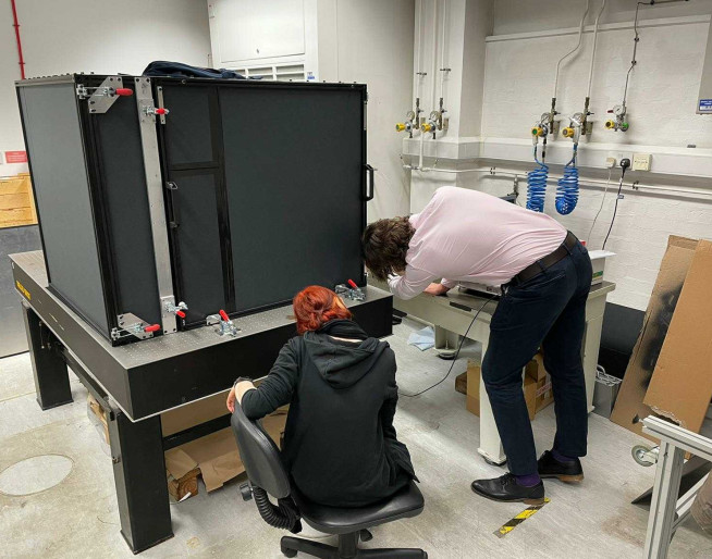 The calibration system and test box under construction in the Blackett lab.