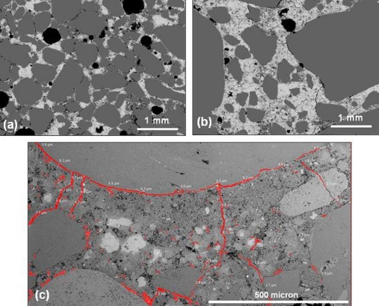 Fig 3: BSE images of a mortar (a) and concrete (b) containing 70% aggregate vol. fraction. The images have been segmented to highlight the cement paste, aggregates, pores and microcracks. Figure (c) highlights microcracking in concretes that have been dried at 105°C.