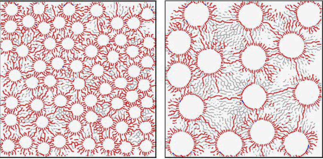 Fig 4: Modelling of shrinkage-induced microcracking in samples containing 4mm and 8mm aggregates at equal volume fraction at matrix shrinkage strain of 0.5%, using a discrete lattice FEM approach (with Dr. Peter Grassl, Glasgow University3). Active and inactive cracks are shown by red and grey lines respectively.