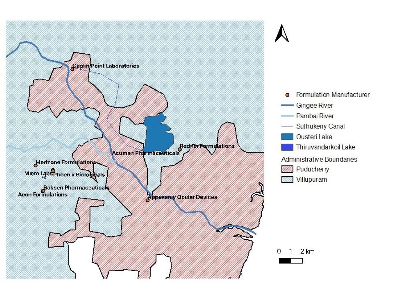 Map showing antibiotic producers in Puducherry