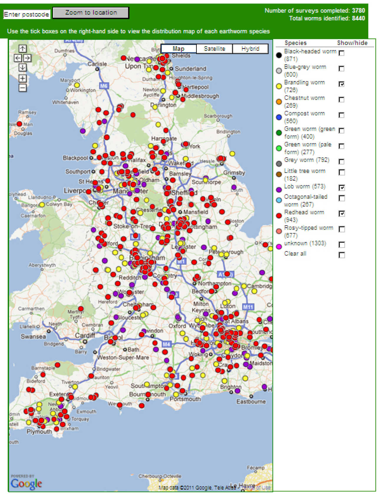 Earthworm species distribution map