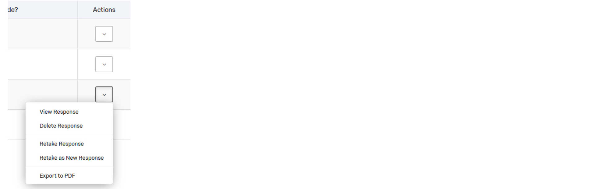 Qualtrics screen showing actions drop down menu