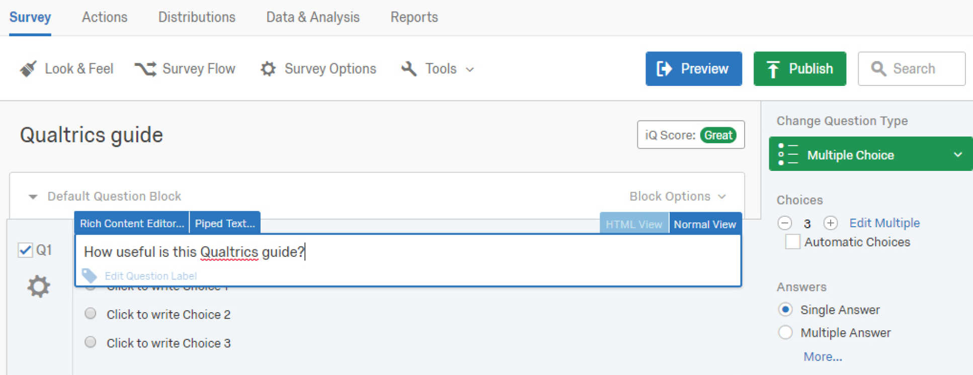 Qualtrics screen shot of Q1 text rich editor