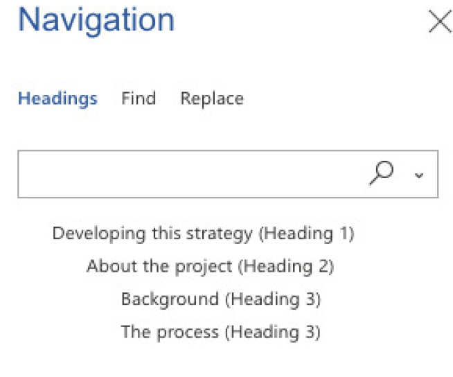Screenshot of the navigation pane showing the heading structure of the document