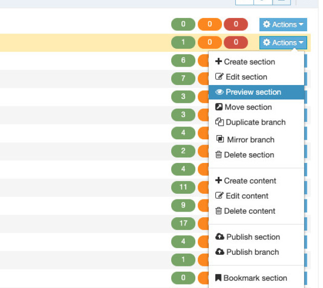 'Preview section' in the Actions menu