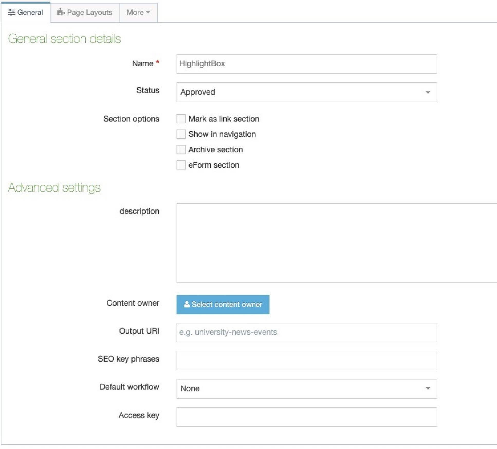 Completed form for Highlight box section