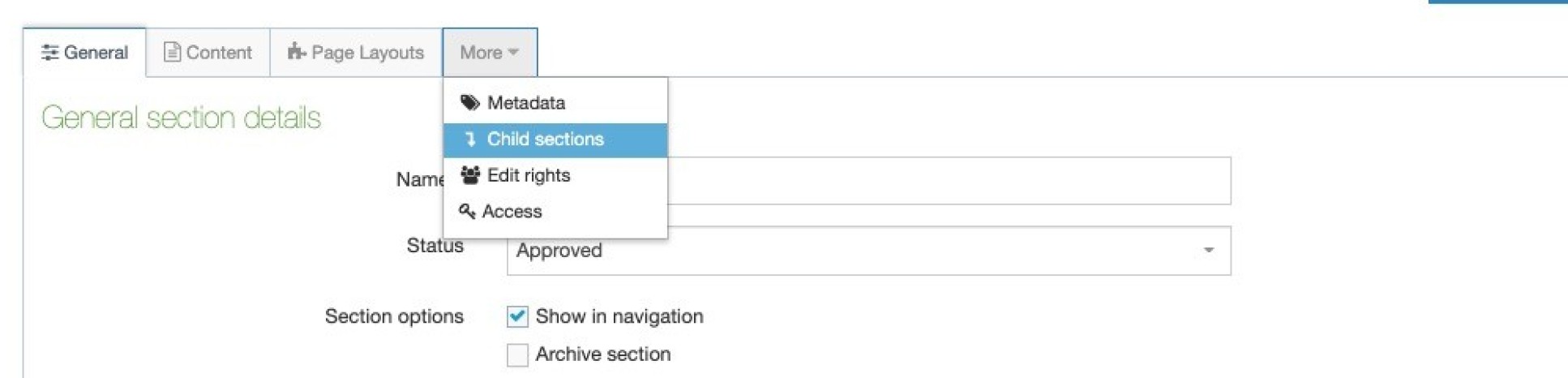 More menu showing 'Child sections' option