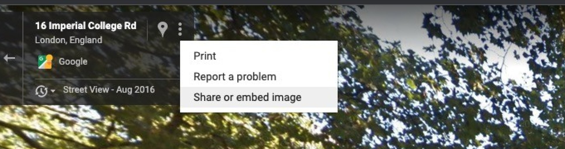 Street View menu showing Share and embed image option